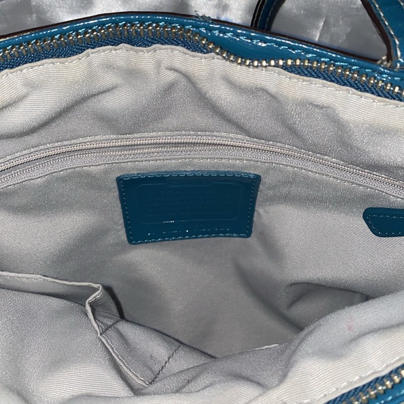 Pre loved Coach signature stripe, 3 teal metallic tote shoulder bag. - Picture 8 of 9